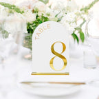 White Arch Wedding Table Numbers 1-10, Gold Numbers and Stands - Image 4