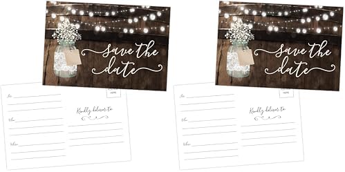 Your Main Event Prints 50 Rustic Mason Jar Save The Date Cards for Wedding, Engagement, Anniversary, Baby Shower, Birthday Party, Wood Save The Dates Postcard Invitations (Pack of 2) by YourMainEventPrints