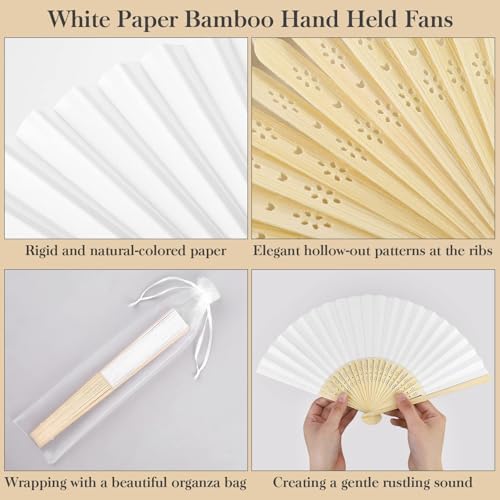 MCEAST 120 Pieces Wedding Handheld Paper Fans White Bamboo Folding Paper Fan with 120 Organza Bags Foldable Cool Wedding Favors Wedding Fans for Guests Party Favors DIY Decoration - Image 3