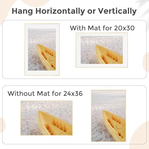 FLYJOE 24x36 Metal Picture Frame For Wall With Mat For 20x30, 24''x36'' Aluminum Photo Frames With Tempered Glass For Home Decor, Minimalist Modern Poster Frame Horizontal And Vertical Formats, Gold - Image 2