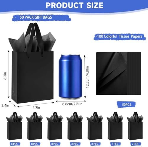 Ethhqu 50 Pack Small Black Gift Bags with Handles & 100 Tissue Paper - Image 2