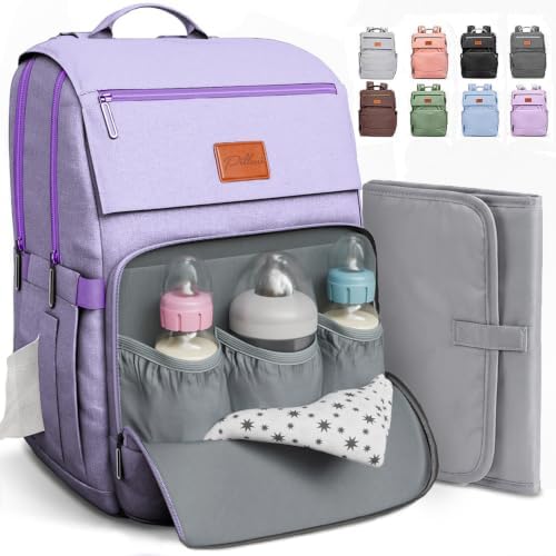 Baby Shower Gifts for Mom - Diaper Bag Backpack - 16 Organizer Pockets Baby Diaper Bag w/ Insulated Bottle Holders & Wipes Pocket, Large Capacity Baby Bag Backpack - Waterproof & Easy to Clean, Purple by Pillani