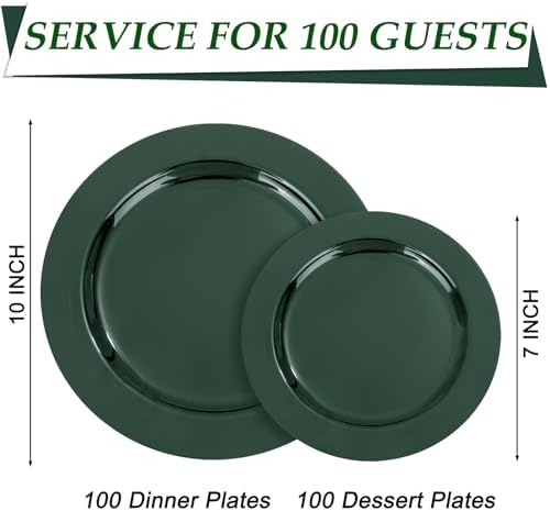 FLOWERCAT 200PCS Dark Green Plastic Plates Disposable Plates for Party - Heavy Duty Plastic Plates - 10" &7" Plate for 100 Guests New Year Parties and Events - Image 2