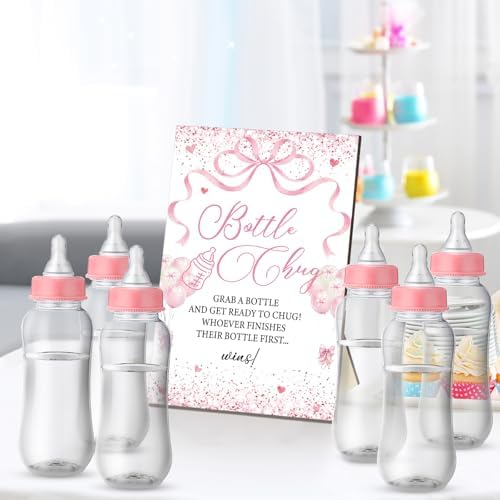 Trelaco 12 Pcs Pink Bow Themed Baby Shower Game Bottle Chug Wooden Sign Set - Image 5
