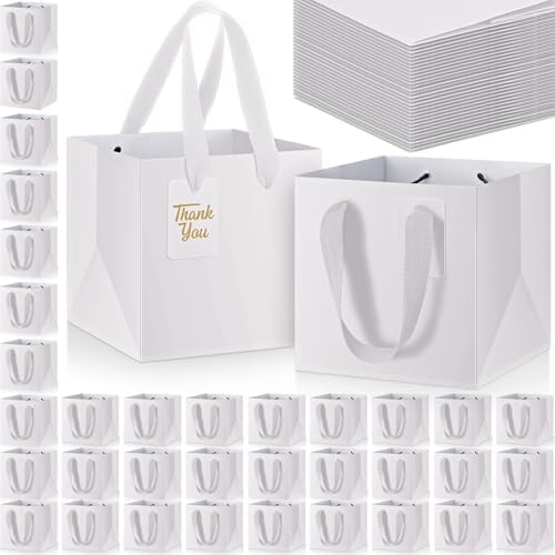 Windyun 100 Pcs Mini Paper Gift Bags with Handle 6 x 6 x 6'' Square Small Favor Bag with DIY Thank You Tag for Christmas Birthday Wedding Bridal Shower Bridesmaid Graduation Party (White) by Windyun