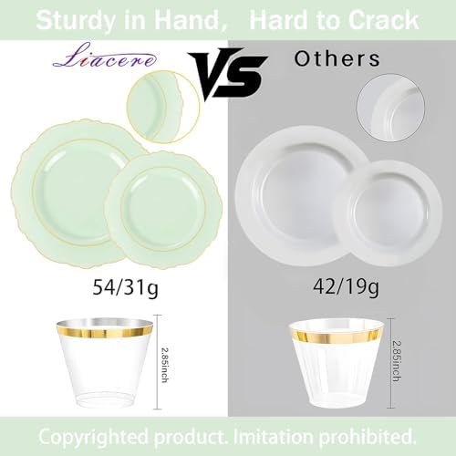 Liacere 350PCS Light Green Plates - Disposable Green and Gold Plastic Plates 50guest Baroque Dinnerware include 100Plates,50Pack Pre Rolled Napkins with Silverware 50Cups for Wedding ＆ Party & Spring - Image 3
