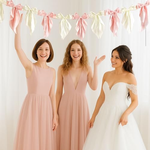 2pcs White Pink Bow Garland Banner 82.7 inch, Satin Ribbon Bow Decorations for Birthday Bachelorette Engagement Wedding Party and Anniversary Decor - Image 6