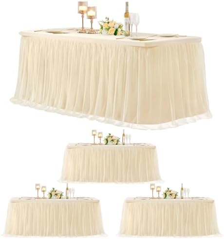 4 Pack 6ft Champagne Table Cloths Rectangle Tulle Tablecloth Fitted Champagne Tablecloths for 6 foot Rectangle Tables Spandex Table Covers for Parties Wedding Birthday Buffet Banquet Desk Tables Skirt by HBBMAGIC