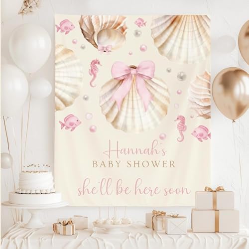 She'll Be Here Soon Baby Shower Decoration, Coastal Beach Baby Girl Party Sign, Seashell Ocean Theme Backdrop, Pink Under the Sea Sprinkle Banner, Nautical Coquette Nursery Photo Prop Decor by Unknown