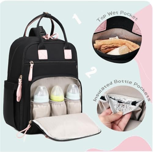 LORADI 18 Pockets Large Diaper Bag Backpack, Black - Image 2