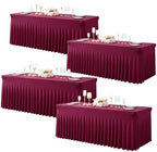 Burgundy Table Cloth for 6 Foot Rectangle Tables Fitted Stretch Spandex Table Cover with Skirt 6ft Baby Shower Birthday Party Banquet Ruffle Burgundy Tablecloth Wedding Table Cloths Desk Skirt, 4 Pack by LittleFunny