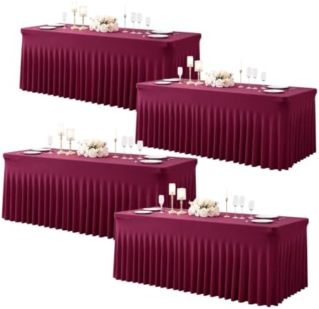 Burgundy Table Cloth for 6 Foot Rectangle Tables Fitted Stretch Spandex Table Cover with Skirt 6ft Baby Shower Birthday Party Banquet Ruffle Burgundy Tablecloth Wedding Table Cloths Desk Skirt, 4 Pack by LittleFunny