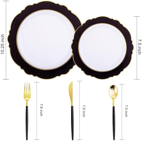 WDF 30Guest Black and Gold Plastic Plates - Gold Plastic Silverware With Black Handle Baroque Black and Gold Disposable Dinnerware for Wedding/Party/Birthday/Halloween - Image 2