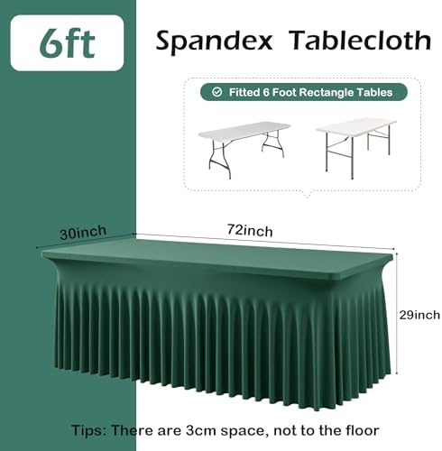 6 pk Hunter Green Spandex Tablecloth for 6 Foot Rectangle Tables, Wrinkle Free Fitted Spandex Table Covers 6ft Green Stretch Table Cloths with Ruffle Skirt for Parties Weddings Banquet Baby Shower - Image 4