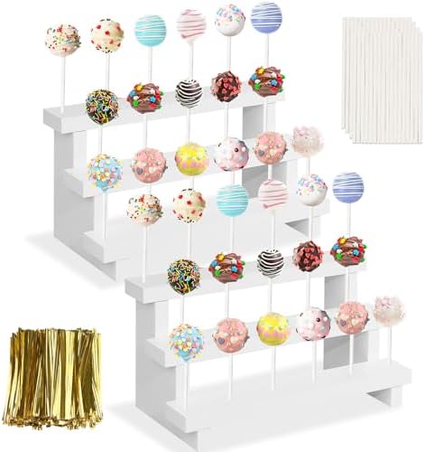 2Pcs Wood Cake Pop Stand, White Lollipop Holder 3 Tier with Twist Ties Lollipop Sticks, 17 Holes Sucker Display Riser for Dessert Table of Wedding Birthday Party by KHayRovies