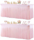 Baby Pink Table Cloth for 8 Foot Rectangle Tables Fitted Stretch Spandex Table Cover with Skirt 8ft Baby Shower Birthday Party Banquet Ruffle Tablecloth Wedding Table Cloths Desk Skirt, 2 Pack by LittleFunny