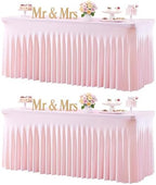 Baby Pink Table Cloth for 8 Foot Rectangle Tables Fitted Stretch Spandex Table Cover with Skirt 8ft Baby Shower Birthday Party Banquet Ruffle Tablecloth Wedding Table Cloths Desk Skirt, 2 Pack by LittleFunny
