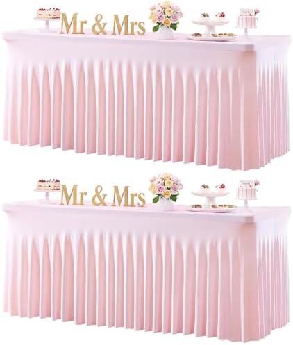 Baby Pink Table Cloth for 8 Foot Rectangle Tables Fitted Stretch Spandex Table Cover with Skirt 8ft Baby Shower Birthday Party Banquet Ruffle Tablecloth Wedding Table Cloths Desk Skirt, 2 Pack by LittleFunny