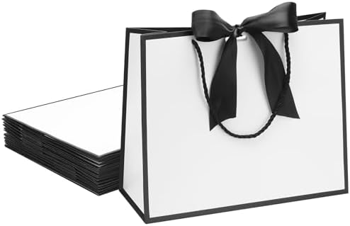 QIELSER Large Black and White Gift Bags with Handles and Ribbon, 12.5x4.5x10 Inch Paper Bags with Tissue Paper for Wedding, Bridesmaid, Baby Shower, Birthday, Holiday Party Gifts (24) by QIELSER