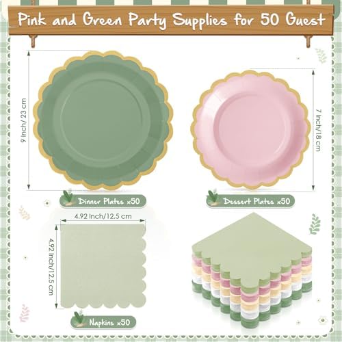 Zhehao 150 Pcs Pink and Green Paper Plates Napkins Serves 50 - Image 3