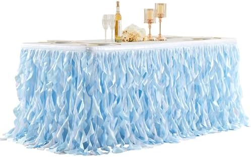 Wish Care 6ft Light Blue Sequin Table Skirt for Rectangle Tables Glitter Curly Willow Tutu Skirt Ruffle Table Cloth Desk Skirts for Birthday Baby Shower Ocean Baby Shark Party Cake Table Decorations by WishCare