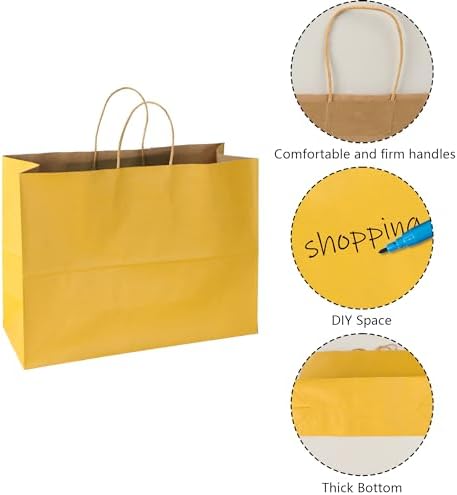 BLEWINDZ 70Pcs Large Paper Bags with Handles, 16x6x12 Inches Yellow Paper Shopping Bag for Small Business, Large Kraft Gift Bag Bulk for Grocery Mechandise Retail - Image 6