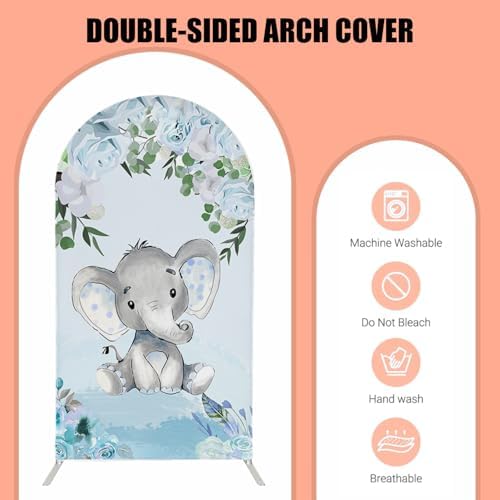 Baby Boy Elephant Arched Backdrop Cover for Birthday Party Baby Shower Decoration Double-Sided Arched Frame Stand Fabric Covers Dessert Table Decor - Image 4