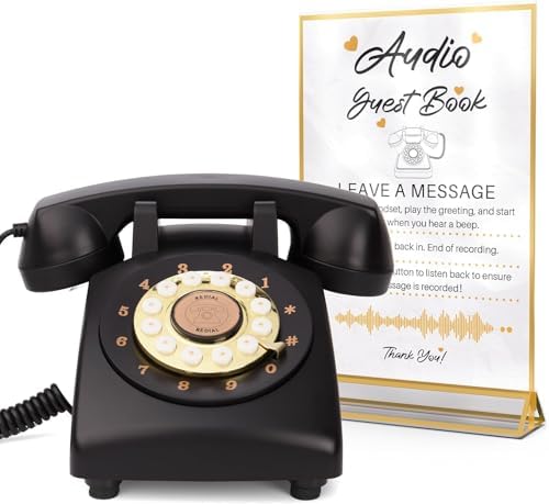Audio Guest Book Wedding Phone,32GB Memory Customized Audio Messages, Volume Adjustable, with Message Replay Feature, Suitable for All Kinds of Party(Black+Golden Sign) by FiayaComVintageTelephone