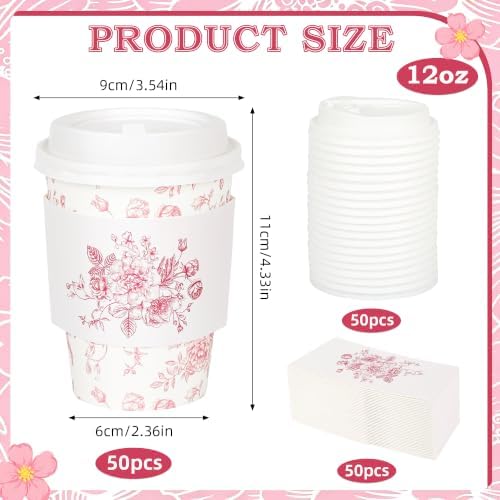 50Pcs Pink Floral Disposable Coffee Cups with Lids and Sleeves - Image 2