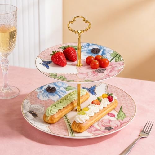 KAMMAK 2-Tier Porcelain Cupcake Stand Serving Tray, Dessert Plates Cake Fruit Candy Display Tower, Reusable Pastry Platter for Wedding Birthday Baby Shower Tea Party Decorations (Pink) - Image 3