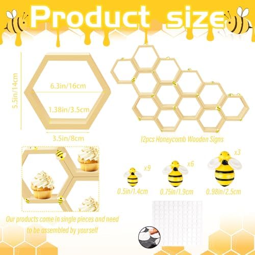 12 Pcs 5.5 Inch Honeycomb Cupcake Stand Cake Farmhouse Hexagon Display Holder Hexagonal Wood Cupcake Stand Floating Table Sign with Wooden Bee for Baby Shower Birthday Party Table Decorations - Image 3