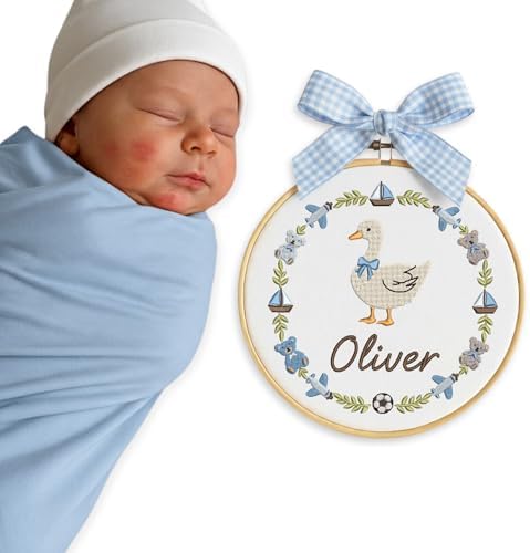 Embroidery Baby Name Sign, Personalized Welcome Baby Hoop Sign with Bow, Custom Baby Name Sign for Hospital, Infant Baby Shower Gifts New Parents (09) by Chikky