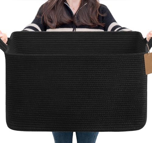 Goodpick 75L Extra Large Woven Rope Blanket Basket, Rectangle, Black by Goodpick