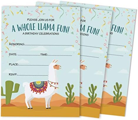 Pack of 30 Llama Kids Birthday Invitations, Boys or Girls Fill-in Style Invite, Children or Toddlers Baby First or 1st Bday Alpaca Cactus Fill in the Blank Invite Cards by Inkdotpot