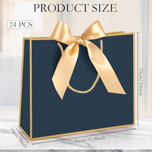 Silkfly 24 Pcs Paper Gift Bags with Handles & Bow Ribbon, Navy Blue, Gold - Image 2