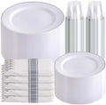 SUT 350 Pcs Silver Plastic Dinnerware Set for 50 Guests, Include: 50 Dinner Plates, 50 Dessert Plates, 50 Pre Rolled Napkins with Silver Silverware, 50 Cups, disposable plates for wedding, party by SeeYouTomorrow