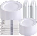 SUT 350 Pcs Silver Plastic Dinnerware Set for 50 Guests, Include: 50 Dinner Plates, 50 Dessert Plates, 50 Pre Rolled Napkins with Silver Silverware, 50 Cups, disposable plates for wedding, party by SeeYouTomorrow