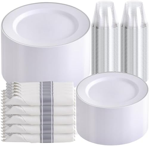 SUT 350 Pcs Silver Plastic Dinnerware Set for 50 Guests, Include: 50 Dinner Plates, 50 Dessert Plates, 50 Pre Rolled Napkins with Silver Silverware, 50 Cups, disposable plates for wedding, party by SeeYouTomorrow