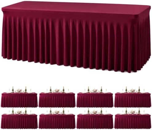 gogoparti 8 Pack Spandex Burgundy Fitted Table Cloth for 6ft Rectangle Tables Burgundy Stretch Tablecloth Table Covers Banquet Table Clothes Wrinkle Free Table Skirt for Parties Wedding by Gogoparti