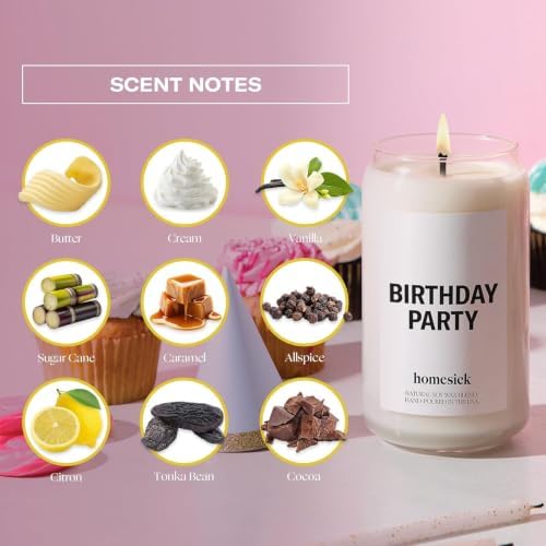 Homesick Scented Candles for Home (Birthday Party) - 13.75 oz Long-Lasting Natural Soy Wax Blend Jar Candle Gifts for Women & Men, 60-80 Hours Burn Time - Notes of Butter, Cream & Vanilla - Image 3
