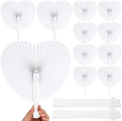 Yinkin 80 Sets White Paper Fans for Wedding Guests Bulk with Plastic Handles, Foldable Heart Shaped Handheld Fans with 80 Organza Bags for Birthday Bridal Shower Church Celebration DIY Party Decor by Yinkin