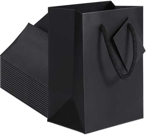 Sherr 50 Pcs Black Gift Bags with Handles Tags 5.3 x 3.7 x 8.1 Inches Small Glossy Paper Bags Bulk Wedding Birthday Baby Shower Party Favor Gifts by Sherr