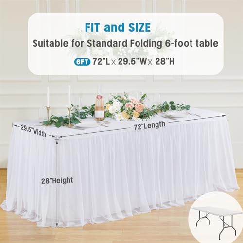4 Pack White Tulle Tablecloths for 6 Foot Rectangular Tables, 72 x 30 Inch White Rectangle Table Cloth, Wrinkle Free Table Cover with Tutu Skirt for Wedding Birthday Party Banquet Buffet Decorations - Image 6