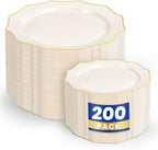 WDF 200PCS Ivory Plastic Plates with Gold Rim - Cream Plastic Plates - Include 100 Dinner & 100 Dessert Fancy Disposable Plate for Party - Heavy Duty Plate for Wedding/Baby Shower by WDF