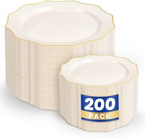 WDF 200PCS Ivory Plastic Plates with Gold Rim - Cream Plastic Plates - Include 100 Dinner & 100 Dessert Fancy Disposable Plate for Party - Heavy Duty Plate for Wedding/Baby Shower by WDF