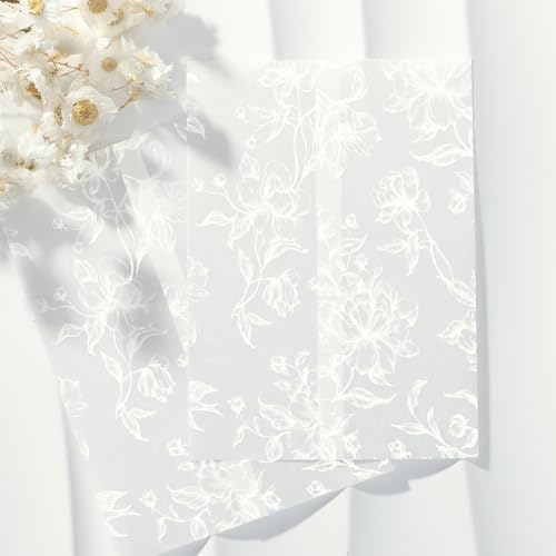 UNIQOOO 100 Pack White Grace Bloom Vellum Jackets for 5x7 Invitations, 115GSM Pre-Folded Vellum Paper, for Wedding Invitations Wraps, Vintage Theme Wedding & Events by UNIQOOO