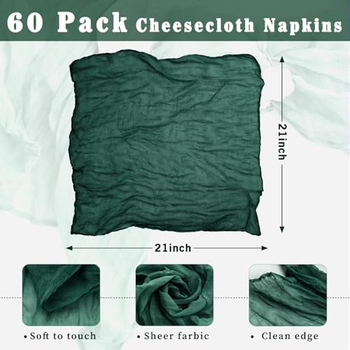 60 Pack Emerald Green Cheesecloth Napkins Washable 21x21 Inches Emerald Green Cloth Napkins for Wedding Set of 60 Dinner Table Napkins Bridal Baby Shower Rustic Boho Cotton Gauze Party Table Decor - Image 3