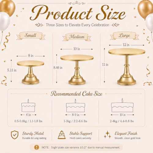 HBlife 3 PCS Gold Cake Stand Set (8"/10"/12" Cake Plate), Metal - Image 2