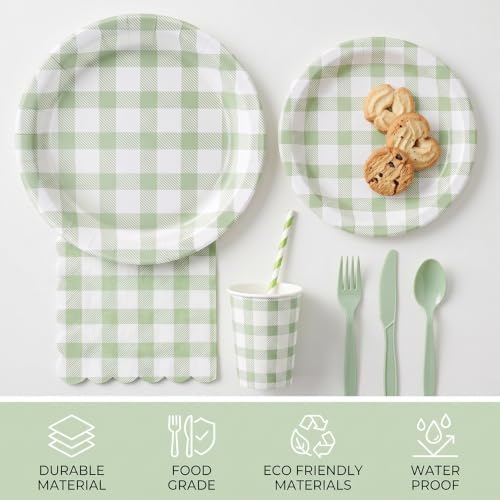 400 Pcs Sage Green Gingham Paper Plates and Napkins Set for 50, 9" Dinner Plates & 7" Dessert Plate, Tableware for Garden Birthday Party - Image 5