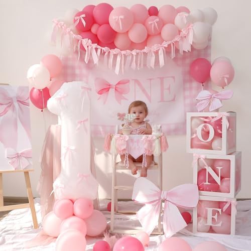 Pink Bow Birthday Decorations Girls Just Wanna Be One First Birthday Pink White Balloon Arch Backdrop High Chair Banner Balloon Boxes Crown Hat For Baby Girls - Image 4
